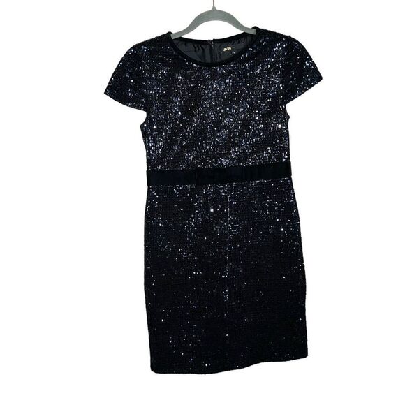 Maje Ketsia Midnight Blue Sequin Mini Dress Bow Waist Velvet Trim Party Cocktail - Picture 3 of 10